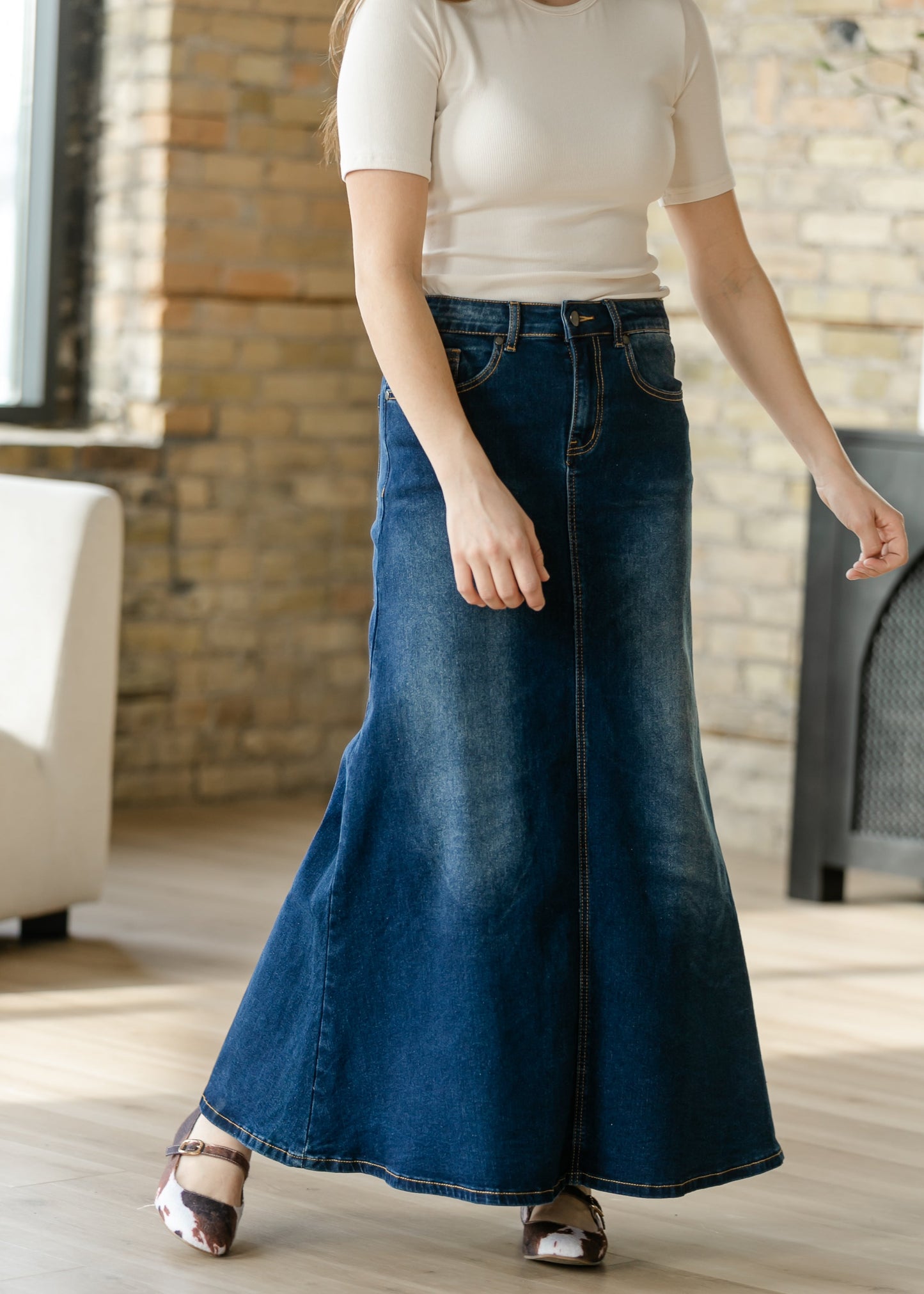 Bethany Dark Wash A-line Long Denim Skirt