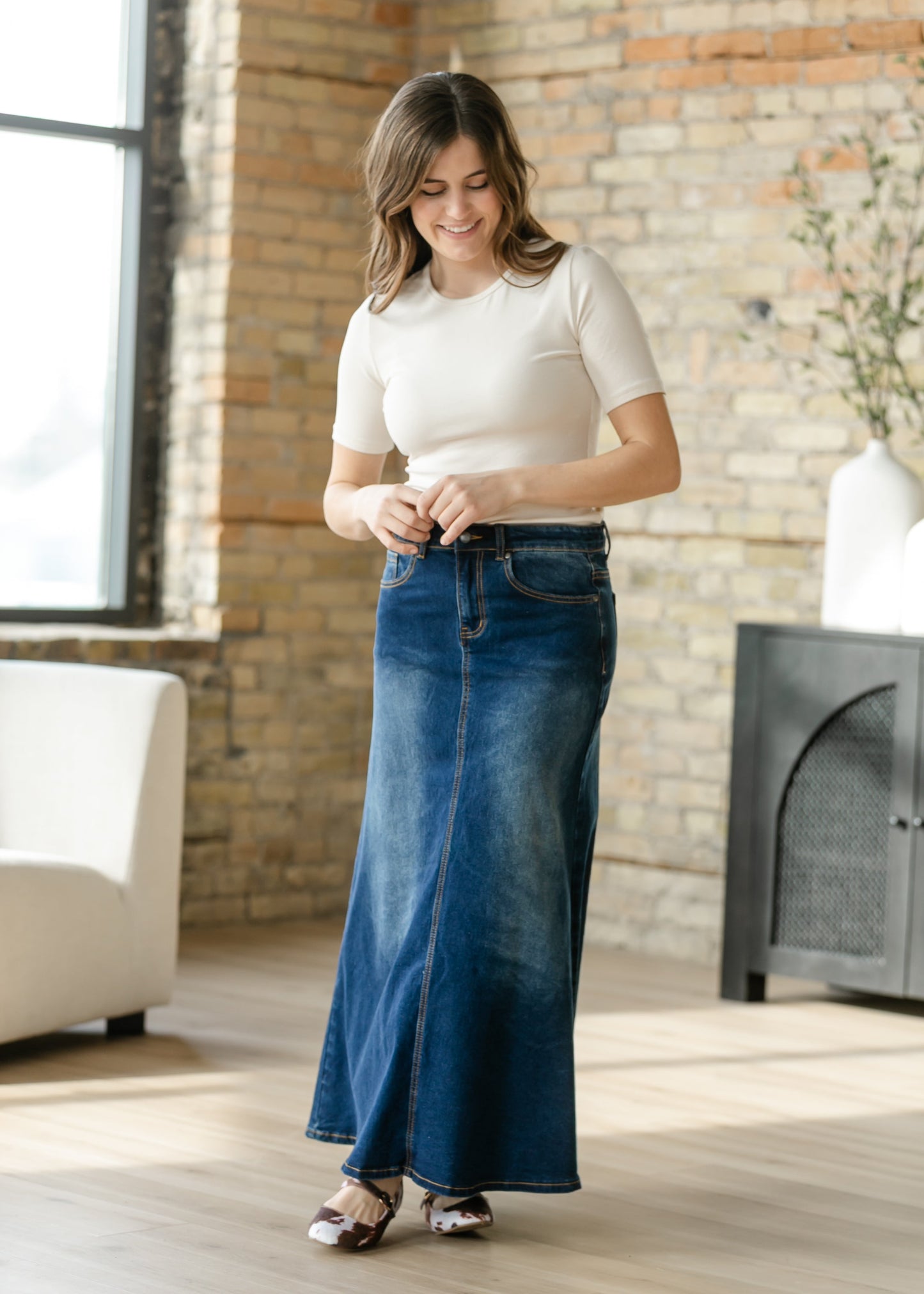 Bethany Dark Wash A-line Long Denim Skirt