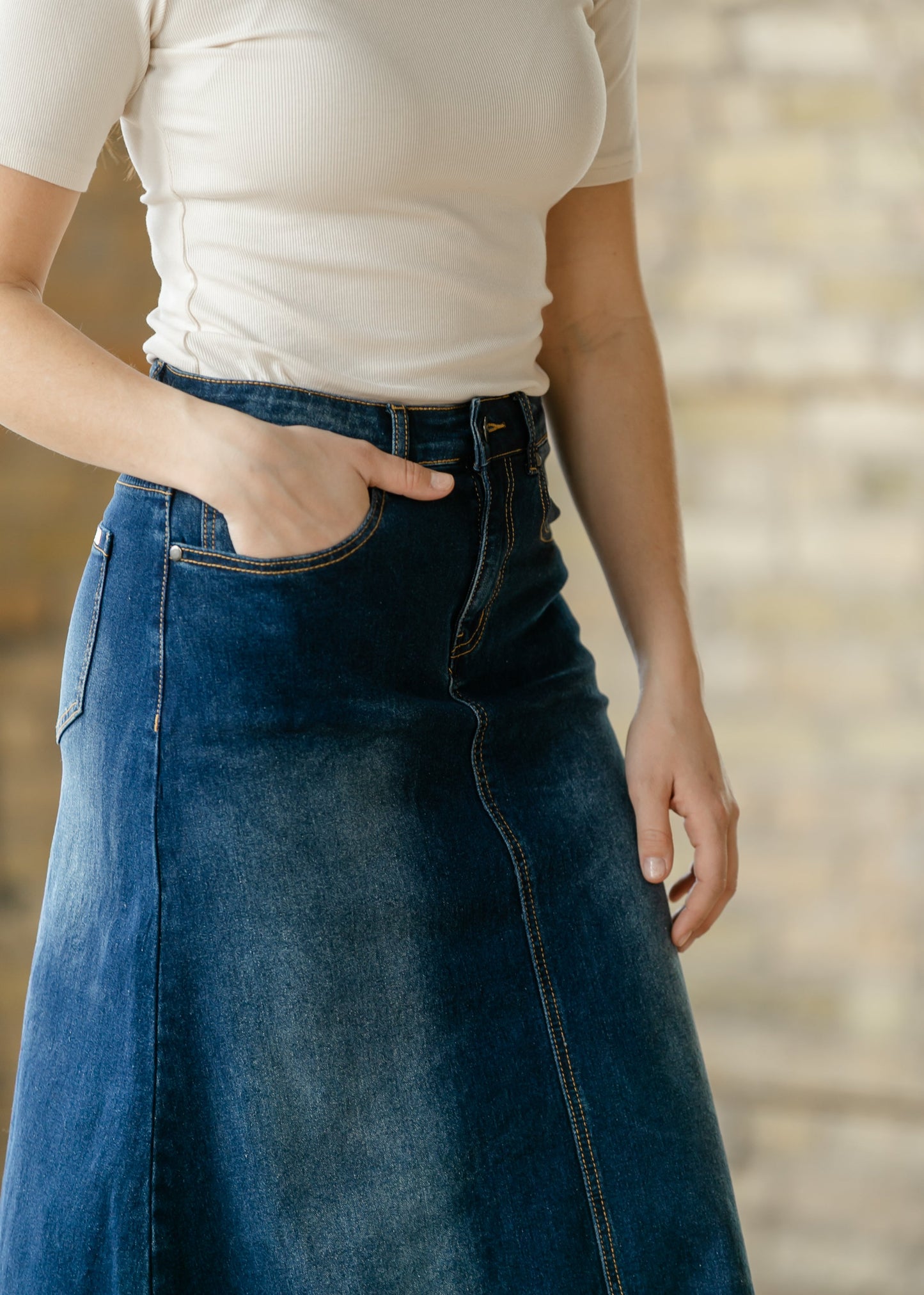Bethany Dark Wash A-line Long Denim Skirt